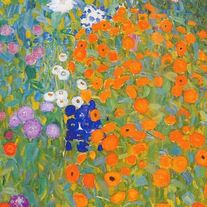 Puede incluir: Una pintura de un campo de flores en varios tonos de naranja, azul, blanco y morado. Las flores est&aacute;n pintadas en un estilo suelto e impresionista.