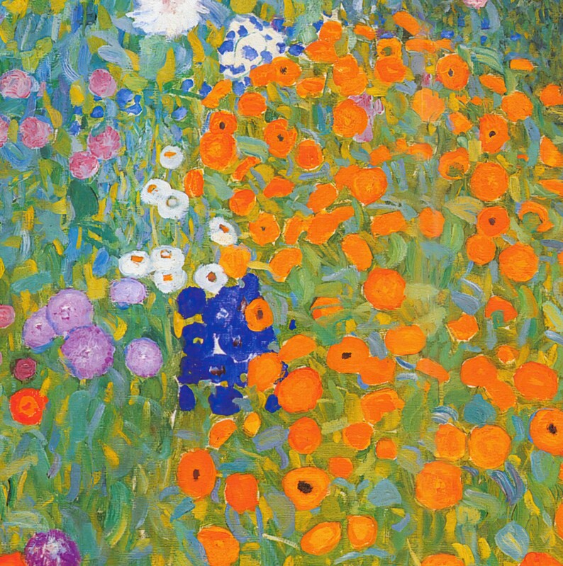 Puede incluir: Una pintura de un campo de flores en varios tonos de naranja, azul, blanco y morado. Las flores est&aacute;n pintadas en un estilo suelto e impresionista.