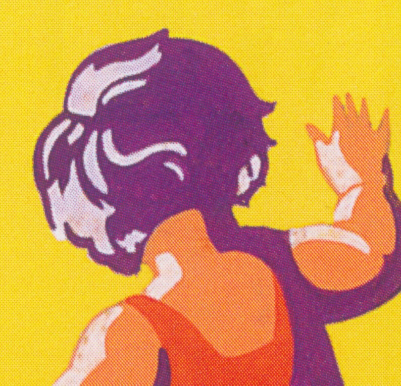以下が含まれることがあります： 紫色の髪とオレンジ色の腕を上げた人物の様式化されたイラスト。人物は、黄色の背景に赤いトップスを着ています。