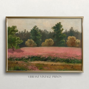 May include: A vintage painting depicting a field of pink wildflowers in the foreground, with a line of trees in the background. The painting is framed in a gold frame.