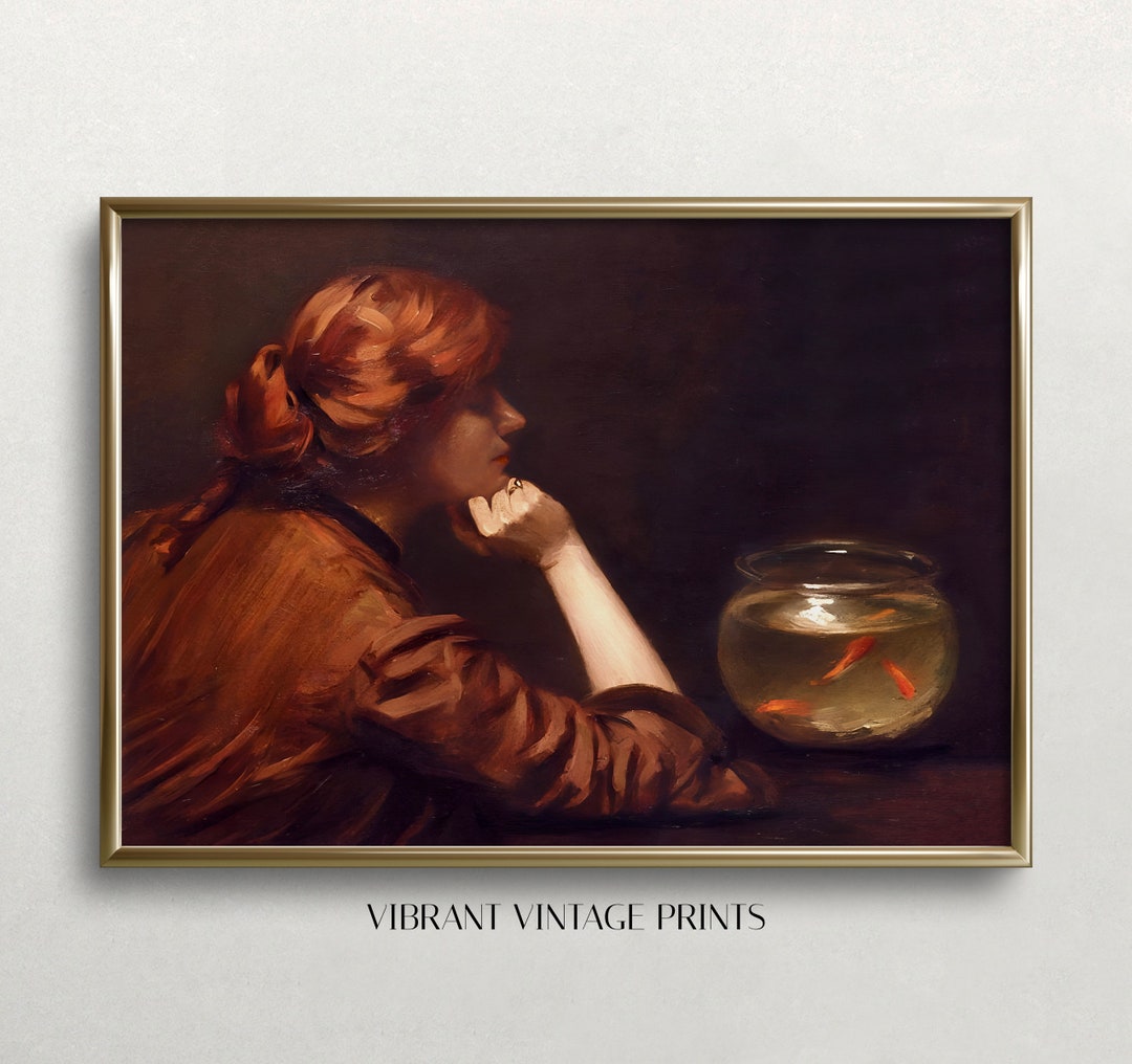 Vintage Woman With Goldfish Art Print | Moody Antique Portrait (digital ...