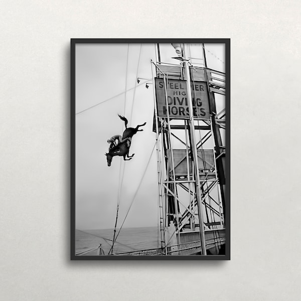 Horse Diving, Black and White Art, Vintage Wall Art, Horse Diver, Horse Wall Art, Old Photo, Daredevil, DIGITAL DOWNLOAD, PRINTABLE Wall Art