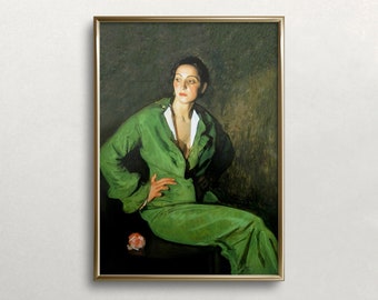 Vintage Woman Portrait in Green: Moody Emerald Art (Digital Download)