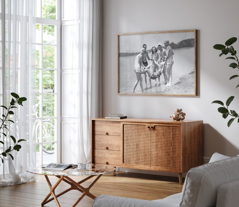 Young People at Beach, Vintage Beach Art, Black and White Art, Old