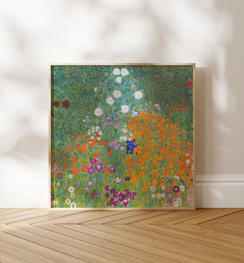 Puede incluir: Una pintura enmarcada de un jard&iacute;n colorido con una variedad de flores en tonos de blanco, naranja, rojo, morado y verde. Las flores est&aacute;n dispuestas en un patr&oacute;n denso, casi abstracto, creando una sensaci&oacute;n de movimiento y energ&iacute;a.
