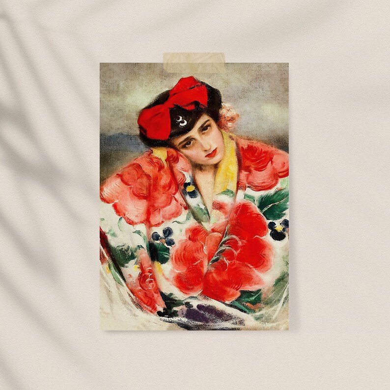 May include: A woman with a red headband and a floral patterned kimono. The kimono has red, white, green, and blue flowers.