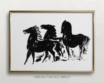 Vintage Horse Etching Print: Black and White Antique Art (Digital Download