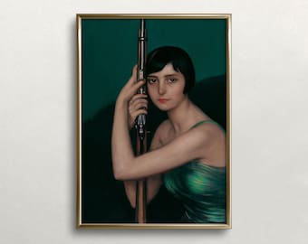 May include: A framed portrait of a woman in a green dress holding a rifle. The woman has dark hair and is looking directly at the viewer. The background is a dark green colour.