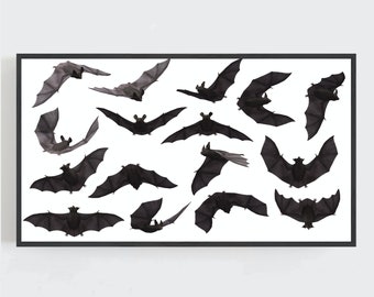 May include: A framed print featuring a collection of bats in various poses against a white background. The bats are depicted in shades of black and gray, with their wings spread wide. The artwork is enclosed in a black frame.