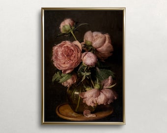 Vintage Peonies Painting: Moody Floral Antique Art (Printable Download)