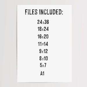 K&ouml;nnte beinhalten: Ein Schwarzwei&szlig;bild, das die verschiedenen Dateigr&ouml;&szlig;en auflistet, die in einem digitalen Download enthalten sind. Die Gr&ouml;&szlig;en sind wie folgt aufgef&uuml;hrt: 24x36, 18x24, 16x20, 11x14, 9x12, 8x10, 5x7 und A1.