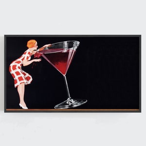 バーカートフレームテレビアート、大きなワイングラスアート、バーカート装飾、ダークムーディカラー、サムスンテレビ、女性とワイン、バー壁装飾デジタルダウンロード