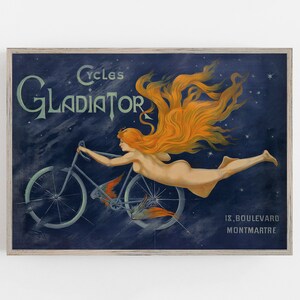 May include: A vintage poster advertising Gladiator Cycles. The poster features a woman with flowing red hair riding a bicycle through a starry night sky. The text on the poster reads "Cycles Gladiator" and "18, Boulevard Montmartre".