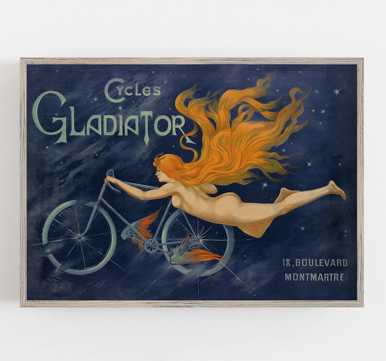 May include: A vintage poster advertising Gladiator Cycles. The poster features a woman with flowing red hair riding a bicycle through a starry night sky. The text on the poster reads "Cycles Gladiator" and "18, Boulevard Montmartre".