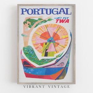 Arte mural de sirena, impresión de Portugal, arte de sirena vintage, póster de viaje de Portugal, decoración de pared retro, arte IMPRIMIBLE, DESCARGA DIGITAL, arte grande