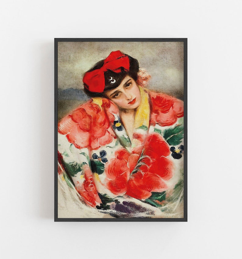 May include: A painting of a woman wearing a red and white patterned kimono with a large red bow in her hair. The woman is looking down and her expression is sad.