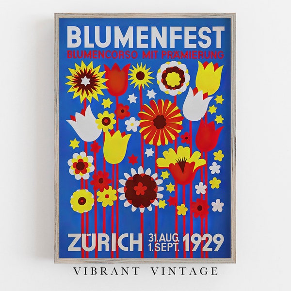 Flower Festival Print, Switzerland Travel Poster, Bloomfest, Vintage Wall Art, Colorful Print, DIGITAL DOWNLOAD, PRINTABLE Art, Large Art