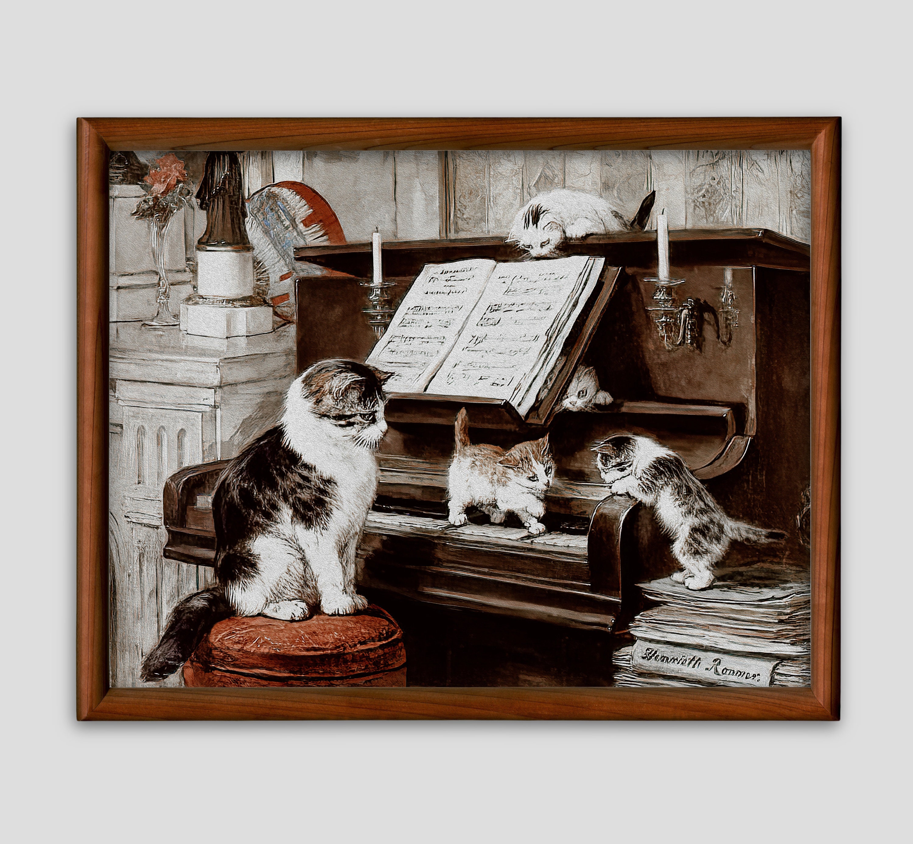 絵画。壁掛け原画【可愛い猫たちとロマンチックのピアノ曲】