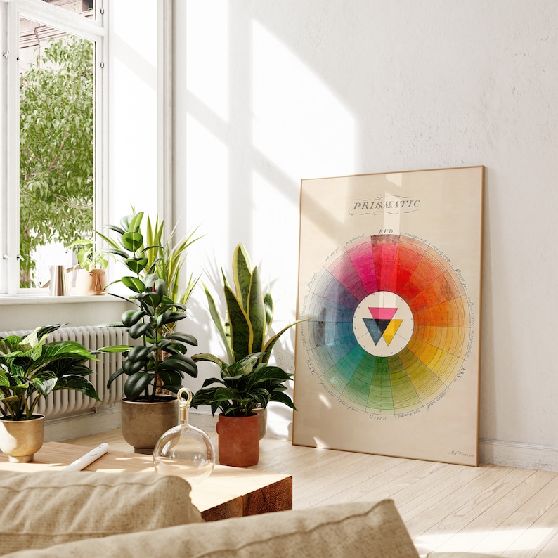 K&ouml;nnte beinhalten: Ein Vintage-Farbkreis-Poster mit dem Titel "Prismatic" und dem Wort "Red" in einem Kreis oben. Der Farbkreis ist in 12 Abschnitte unterteilt, jeder mit einer anderen Farbe. Die Farben sind in einem Regenbogenmuster angeordnet, mit Rot oben und Violett unten. Das Poster ist in einem hellen Holzrahmen gerahmt und h&auml;ngt an einer wei&szlig;en Wand.