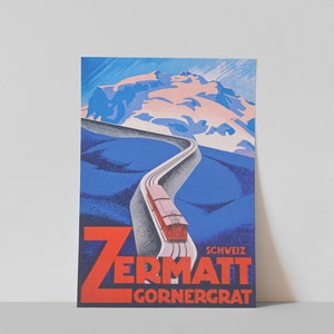 May include: Vintage travel poster featuring a red train ascending a winding track towards a snow-capped mountain. The poster has a blue and white color scheme with the words "Zermatt Gornergrat" in red.