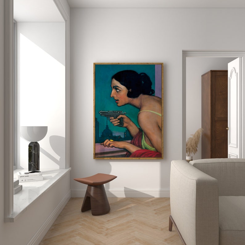 Mujer con pistola / Arte mural oscuro y melancólico / Retrato vintage de mujer / Arte mural ecléctico / Decoración de pared maximalista / Arte mural imprimible n.° 269 imagen 3