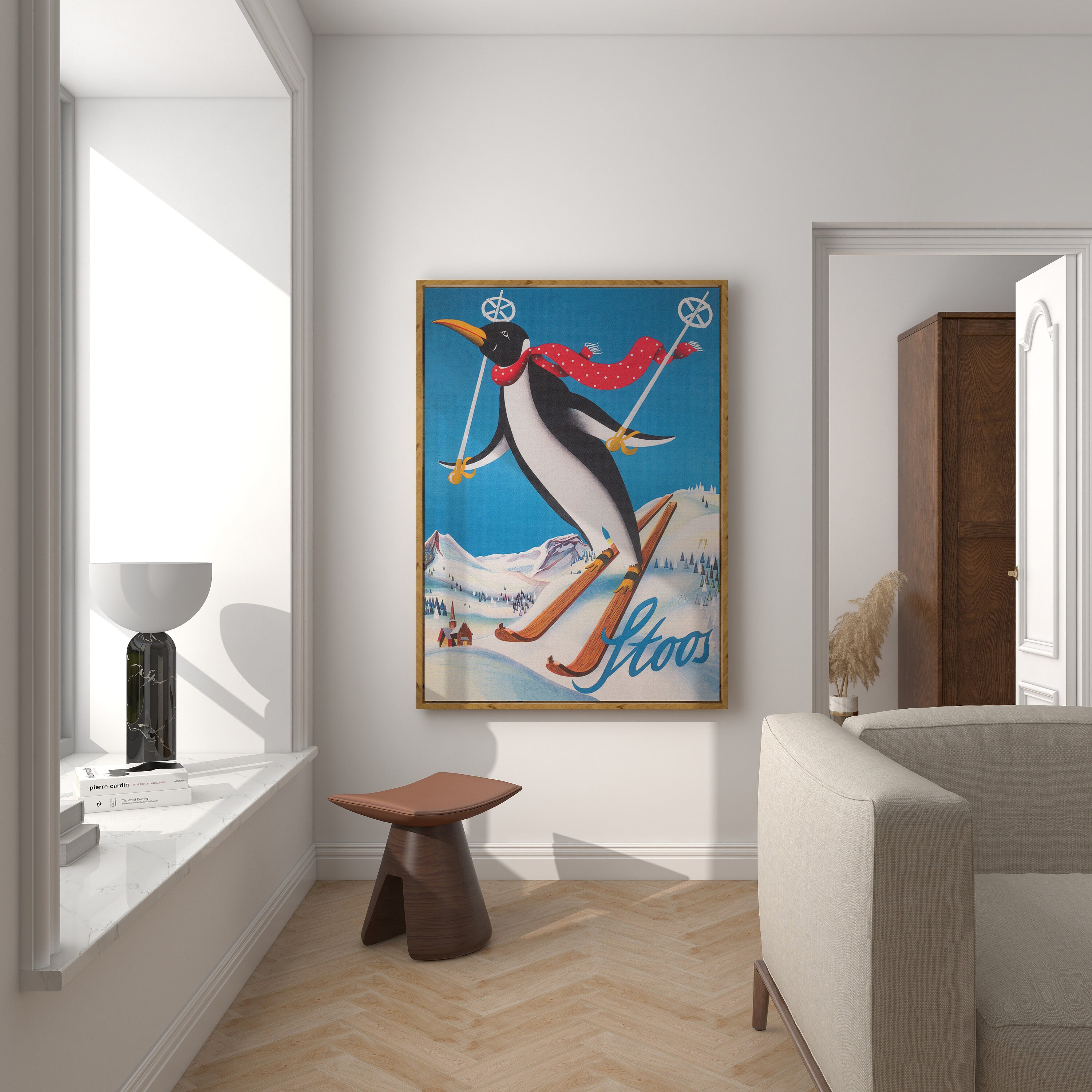 Skiing Penguin Vintage Switzerland Poster, Retro Wall Art (digital