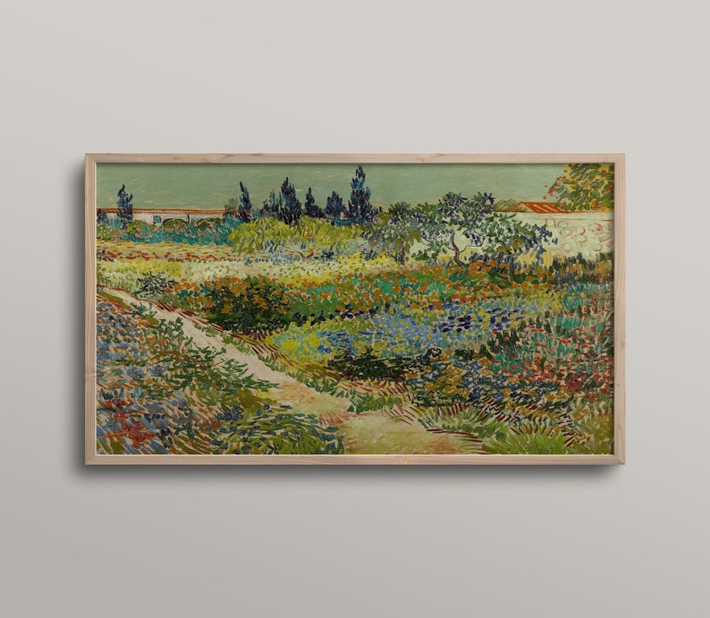 May include: A framed print of a garden scene, depicting a path through colourful flowers and foliage. The artwork has a textured, impressionistic style with a light green sky and a wooden frame. The painting depicts a sunny day.
