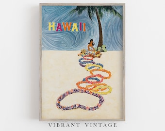 May include: A framed art print featuring a beach scene with a palm tree and a person sitting on the sand. The word HAWAII is printed in colorful letters at the top. A trail of multi-colored floral leis extends across the sand toward the viewer.