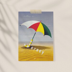 May include: A poster depicting a beach scene with a multi-coloured umbrella. The umbrella has a white, red, yellow, and green canopy and a striped handle. The word "ersey" is printed on the sand. The poster is taped to a wall.