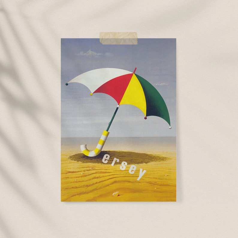 May include: A poster depicting a beach scene with a multi-coloured umbrella. The umbrella has a white, red, yellow, and green canopy and a striped handle. The word "ersey" is printed on the sand. The poster is taped to a wall.