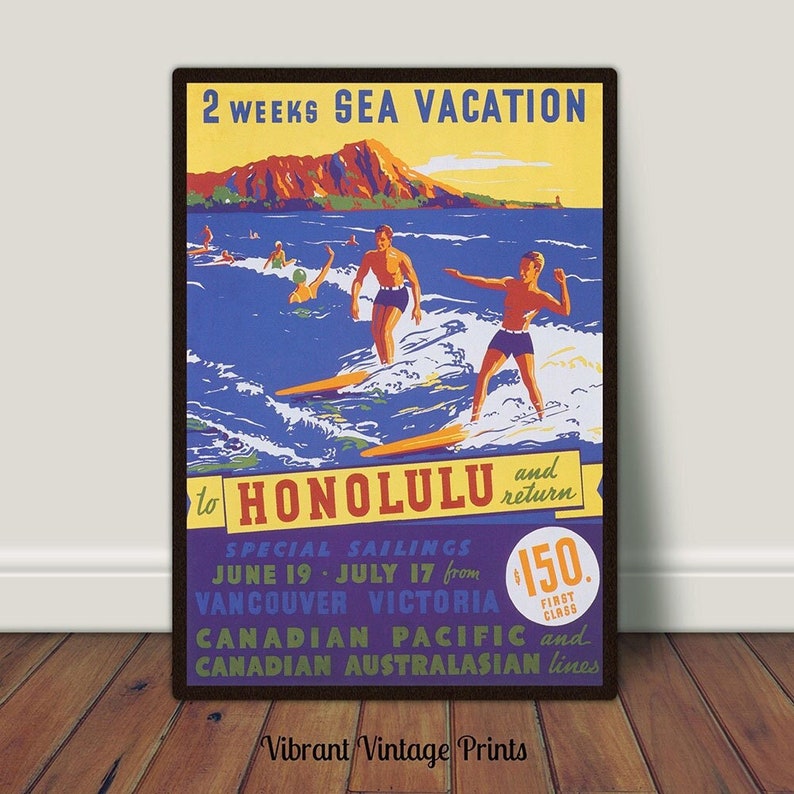 Hawaii Wall Art Vintage Wall Art Surfer Wall Art Honolulu Etsy