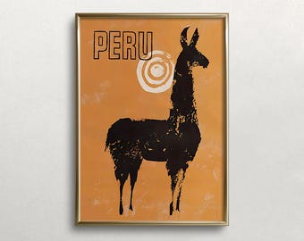 Vintage Peru Travel Poster: Llama Wall Art Print (Digital Download)