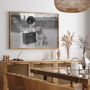May include: Black and white framed print of a dog listening to a vintage gramophone. The dog is wearing headphones and sitting on a rooftop. The gramophone is black and silver, and the frame is wood.