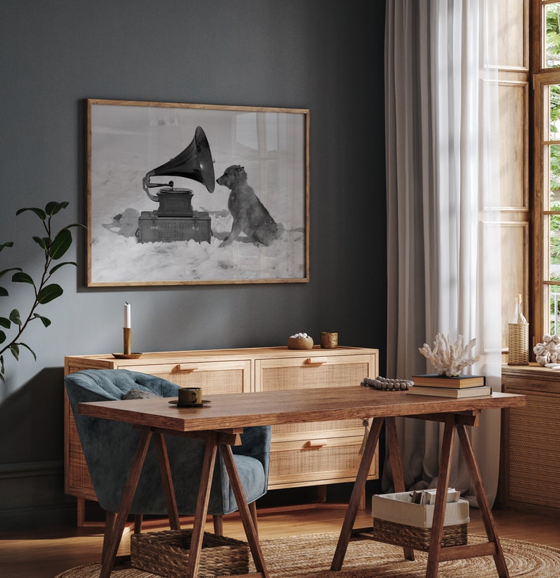 May include: A black and white photograph of a dog listening to a vintage gramophone. The dog is sitting in the snow and the gramophone is playing music. The photo is framed and hanging on a dark blue wall.