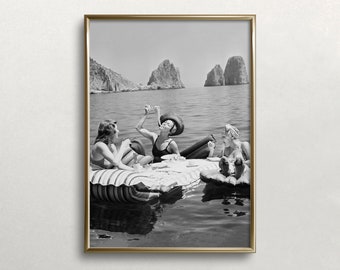 Impression vintage Femmes mangeant des pâtes : Art pique-nique drôle sur le lac (téléchargement numérique)