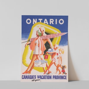 May include: Vintage travel poster for Ontario, Canada. The poster features a family walking on a beach, with the word "ONTARIO" at the top and "CANADA'S VACATION PROVINCE" at the bottom. The poster is in shades of blue, yellow, red, and white.
