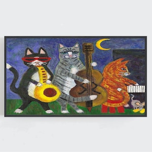 Arte de TV con marco de gatos, arte de gatos de jazz, arte de pared de gatos, arte de pared colorido, decoración de pared caprichosa, arte de música de jazz, DESCARGA digital, TV con marco Samsung