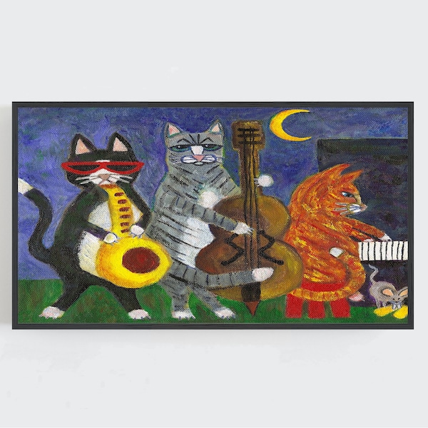 Samsung Frame TV Art, Jazz Cats Art, Cat Wall Art, Original Cat Art, Whimsical Wall Decor, Jazz Music Art, Digital DOWNLOAD, Digital TV Art