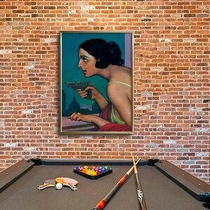 Mujer con pistola / Arte mural oscuro y melancólico / Retrato vintage de mujer / Arte mural ecléctico / Decoración de pared maximalista / Arte mural imprimible n.° 269 imagen 8