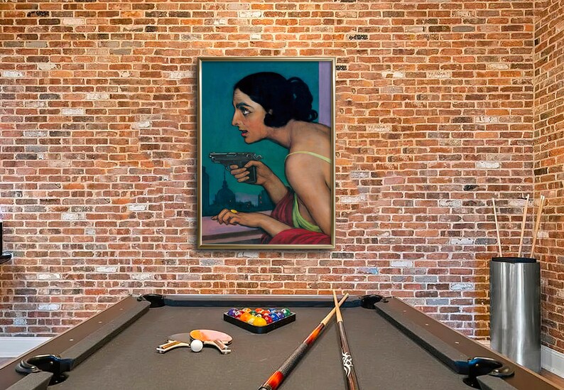 Mujer con pistola / Arte mural oscuro y melancólico / Retrato vintage de mujer / Arte mural ecléctico / Decoración de pared maximalista / Arte mural imprimible n.° 269 imagen 8