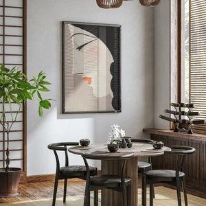 May include: A dining room scene featuring a round wooden table with four black chairs. A framed art print of a woman's face hangs on the wall. Decorative wooden pendant lights and a Japanese-style screen add to the room's aesthetic.
