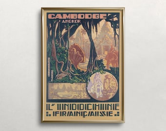 May include: A vintage travel poster advertising a trip to Cambodia, featuring a jungle scene with ancient ruins and the text "CAMBODGE ANGKOR L'INDOCHINE FRANCAISE".