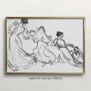 Vintage Women Sketch Art Print: Black and White Line Drawing (Digital Download)