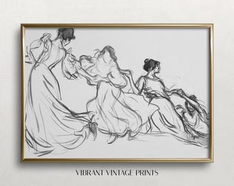 Vintage Women Sketch Art Print: Black and White Line Drawing (Digital Download)