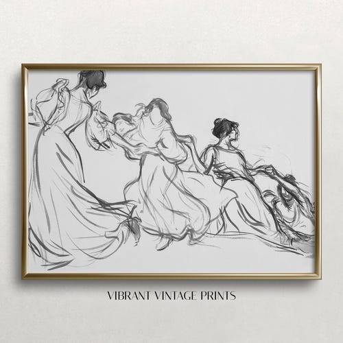 Vintage Women Sketch Art Print: Black and White Line Drawing (Digital Download)