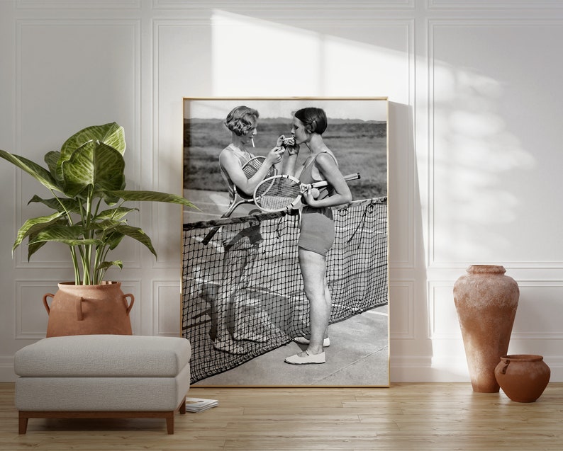 Women Tennis Players, Black and White Art, Vintage Wall Art, Cigarette Break, Women Sports Art, DIGITAL DOWNLOAD, PRINTABLE Art image 2