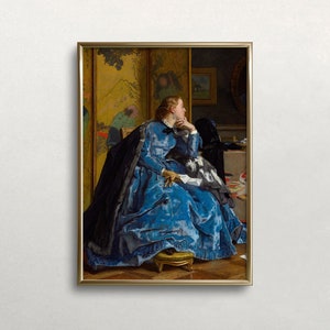 Victorian Woman Portrait: Moody Antique Art in Blue Dress (Digital Download)