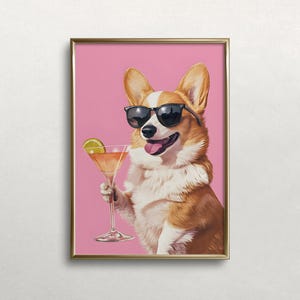 Corgi pijący Cosmo | Sztuka ścienna Corgi | Dekoracja wózka barowego | Sztuka psów | Różowa sztuka ścienna | Kolorowa sztuka ścienna | Cyfrowe POBIERZ DRUKARNĄ sztukę ścienną #609
