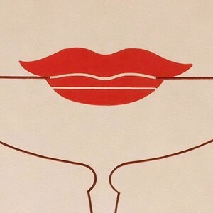 May include: A graphic illustration featuring a pair of stylised red lips centred on a light beige background. The lips are defined by bold red shapes with thin white horizontal lines running through the centre, intersected by a thin dark brown line.