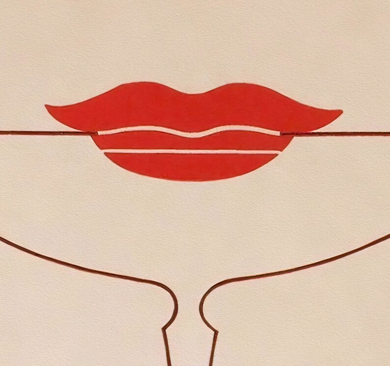May include: A graphic illustration featuring a pair of stylised red lips centred on a light beige background. The lips are defined by bold red shapes with thin white horizontal lines running through the centre, intersected by a thin dark brown line.